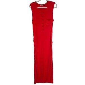 Athleta Red Sleeveless Henley Maxi Dress W/ Pocket Size L Ribbed Knit Tank Style